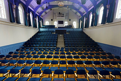 auditorium with blue seating