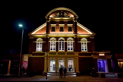Tamworth Assembly Rooms lit up at night